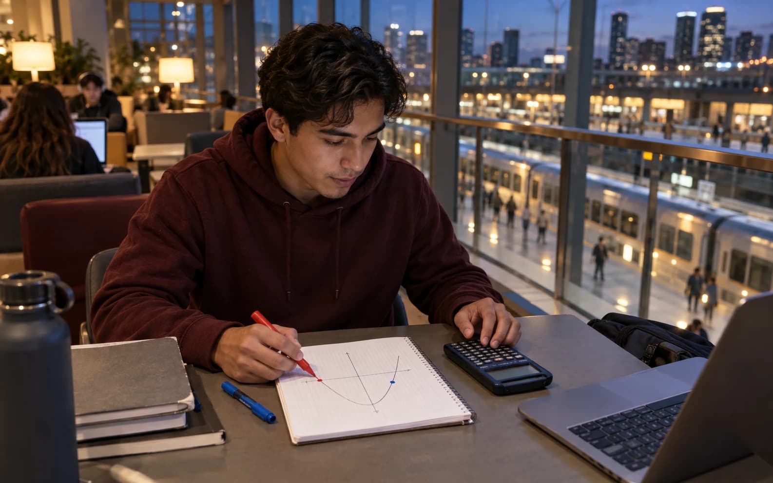 University student comparing an unlabeled parabola sketch with a calculator in an evening transit lounge