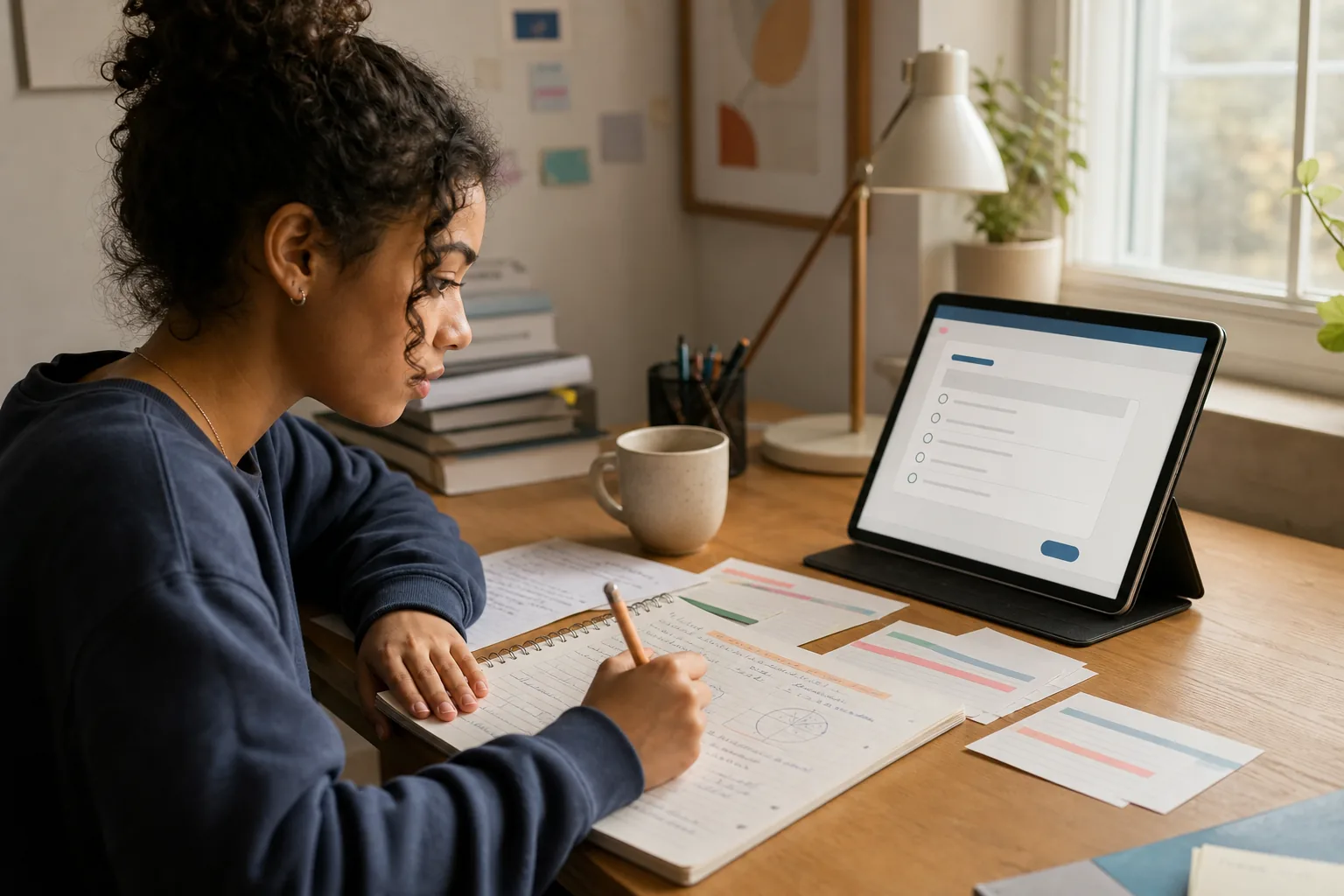Student turning handwritten class notes into a practice quiz on a tablet