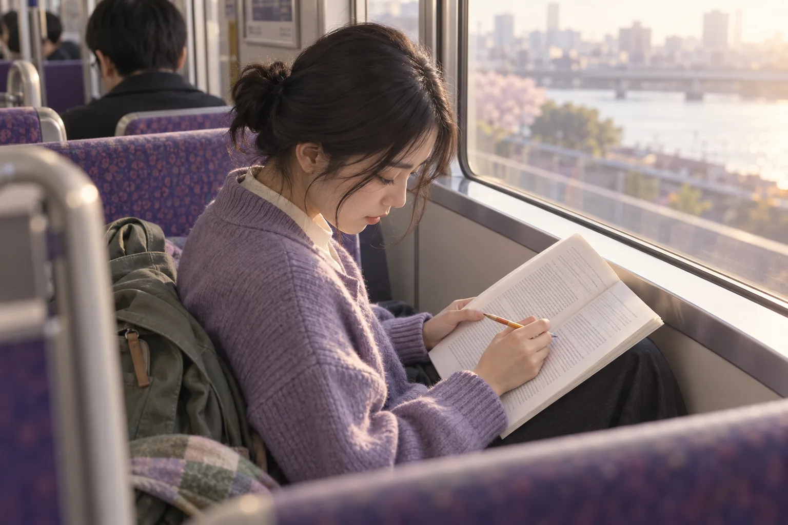 University student marking a clue in a printed reading passage during a morning train commute