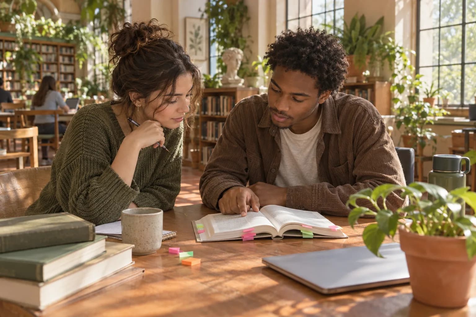 Two university students comparing an unmarked passage with colored tabs for direct details and possible inferences