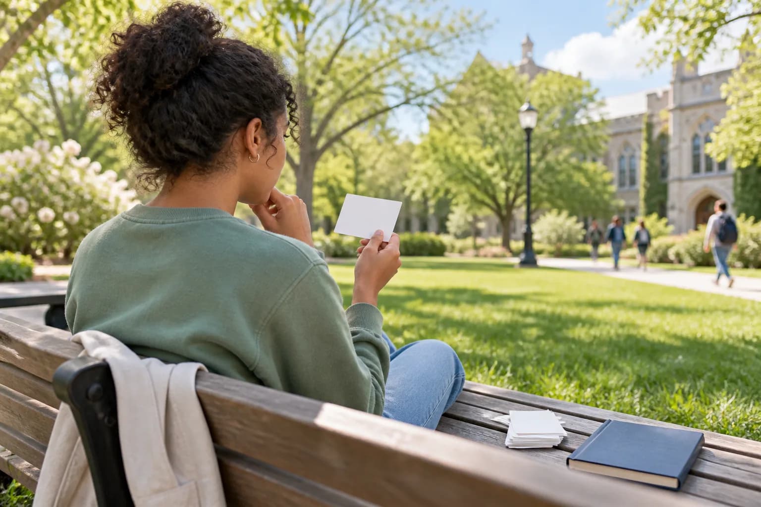 University student using blank cards to recall a reading inference on a campus bench