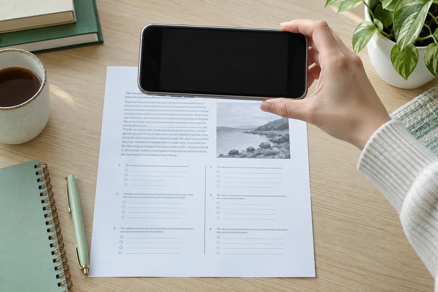 Hand capturing a complete printed reading worksheet with a phone screen kept dark
