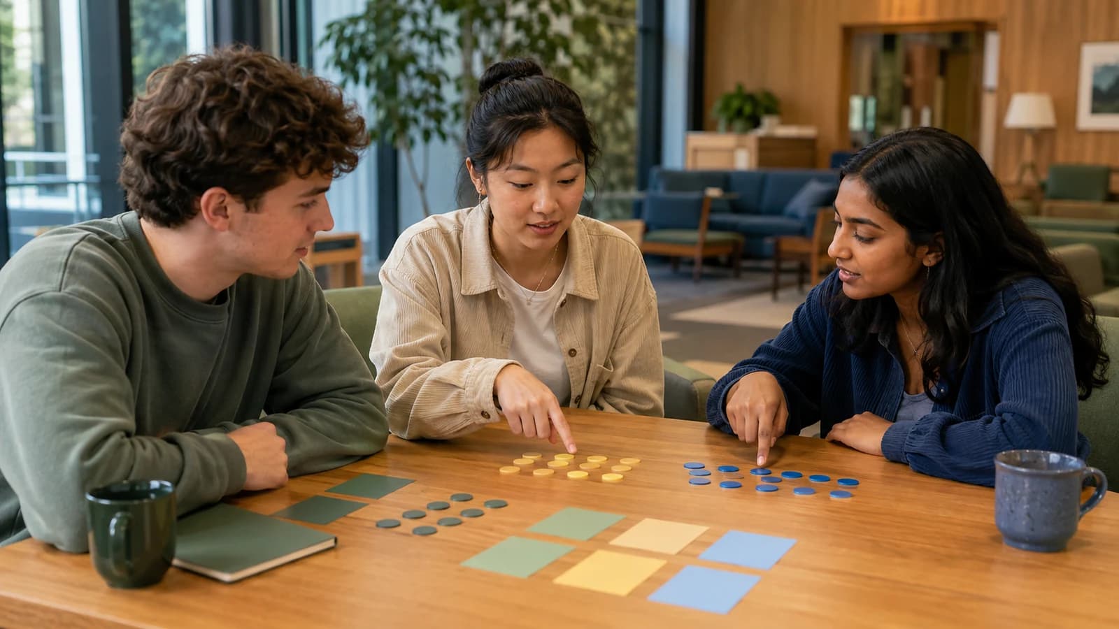 Three students comparing repeated colored counters in a campus lounge