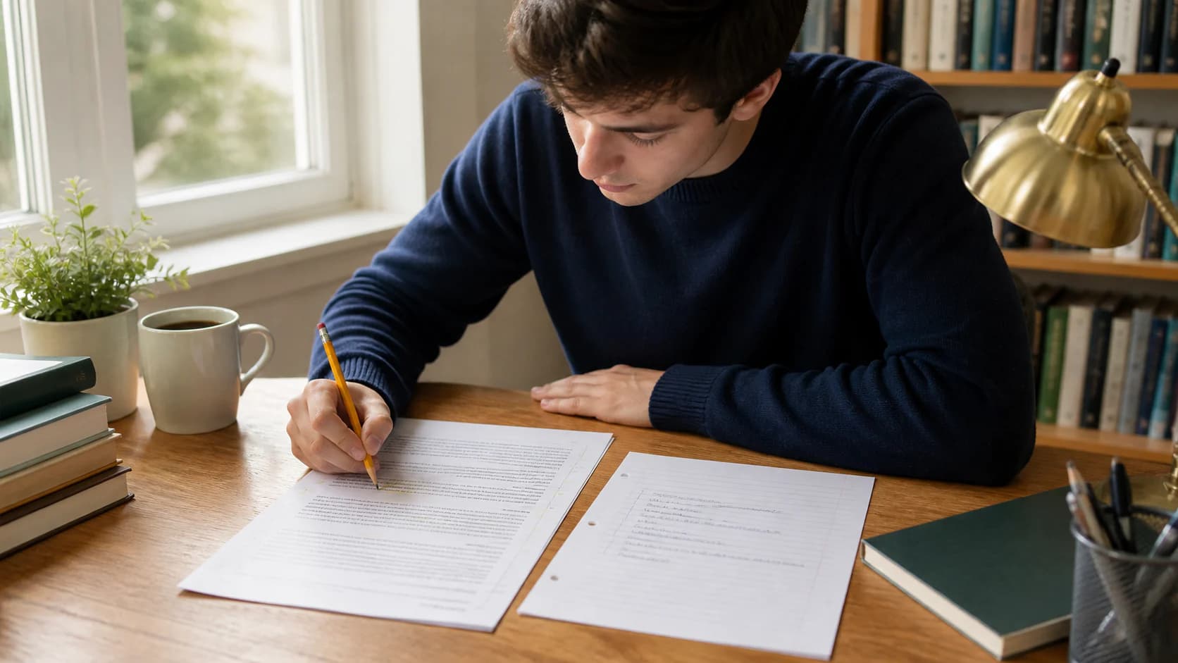 Student marking key ideas in a source text beside a shorter handwritten summary