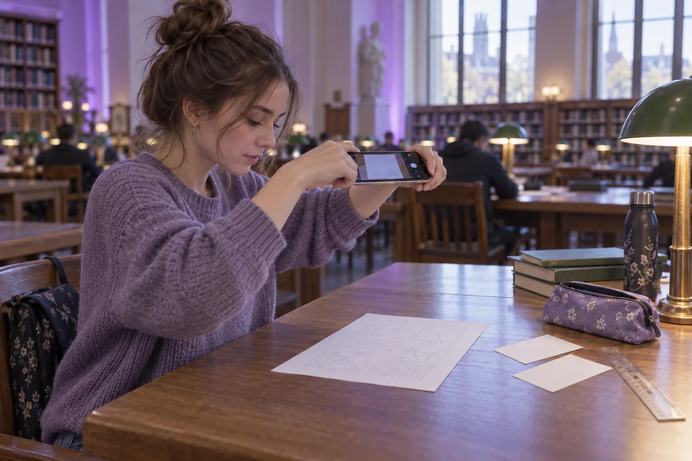 Polska studentka fotografuje całe zadanie z algebry przy bibliotecznym stole
