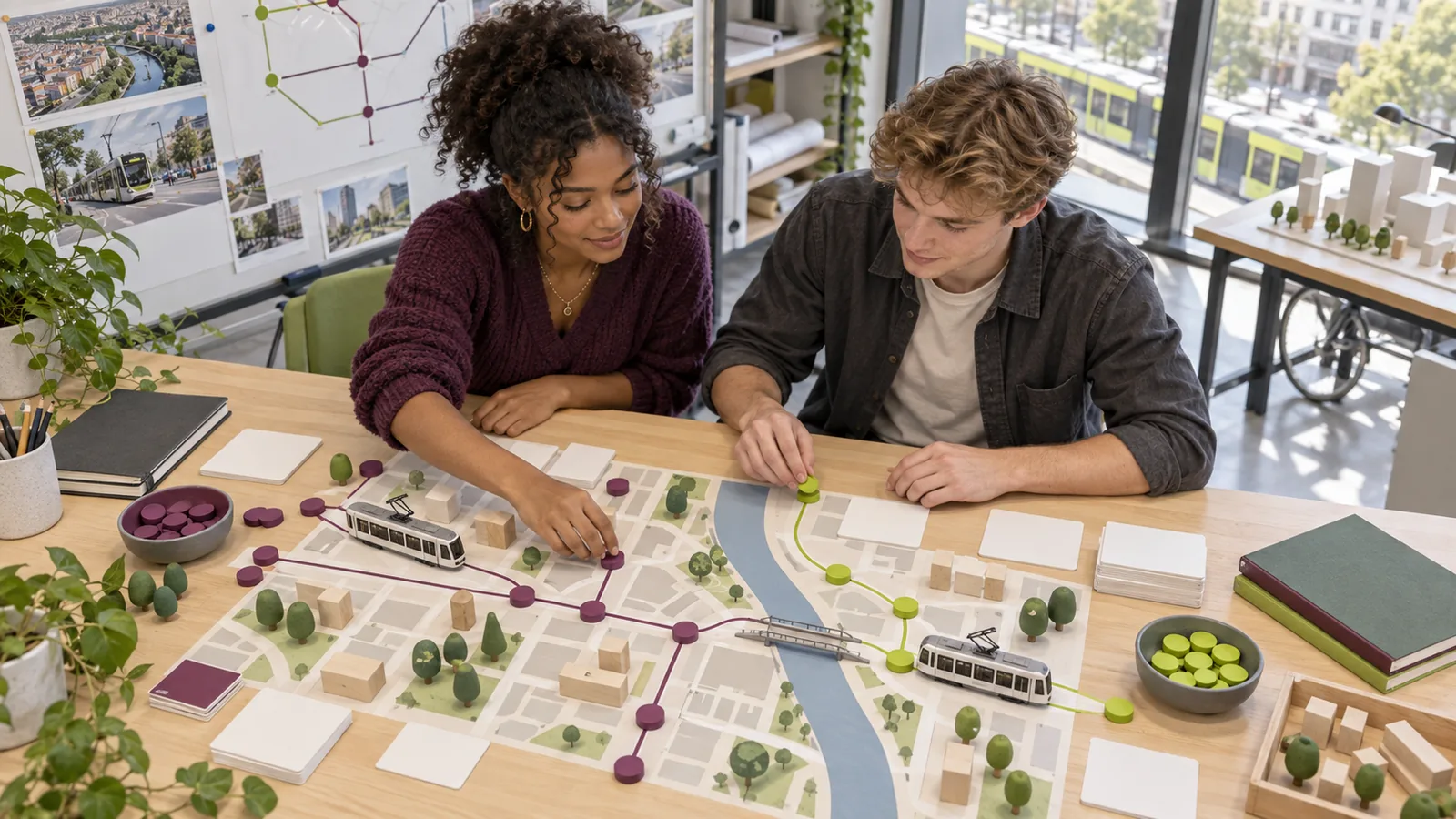 Dwoje studentów modeluje trasy komunikacji kolorowymi znacznikami w pracowni urbanistycznej