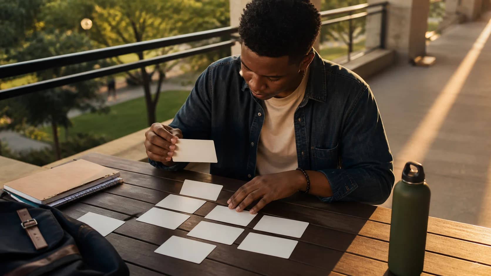 Student turning an AI explanation into independent flashcard practice outdoors