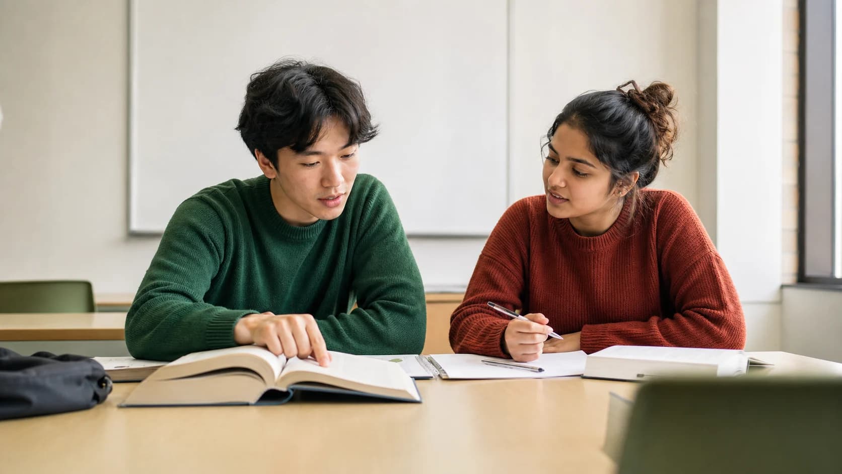 Two students checking an AI assisted homework idea against notes and a trusted textbook