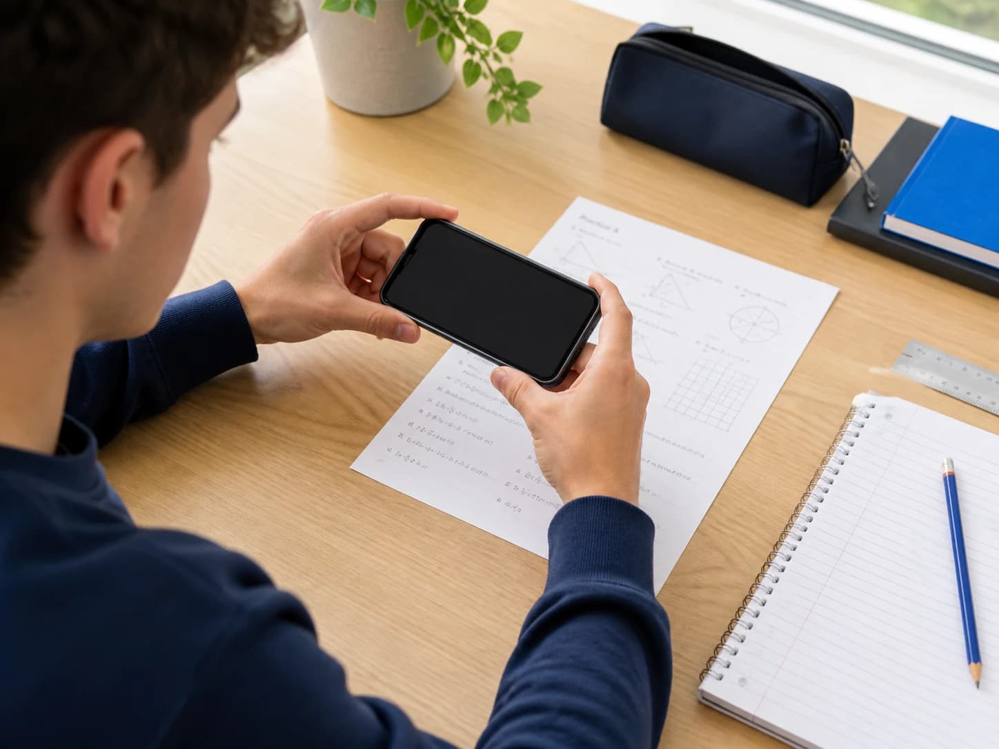 Fotoaparát telefonu skenuje pracovní list s domácím úkolem