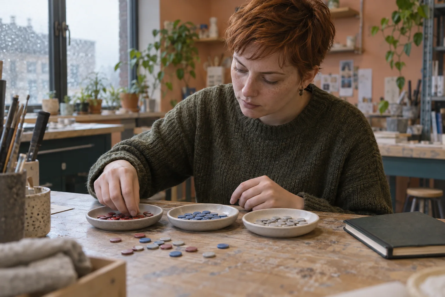 Student sorting coloured counting tokens into plain dishes in a university makerspace