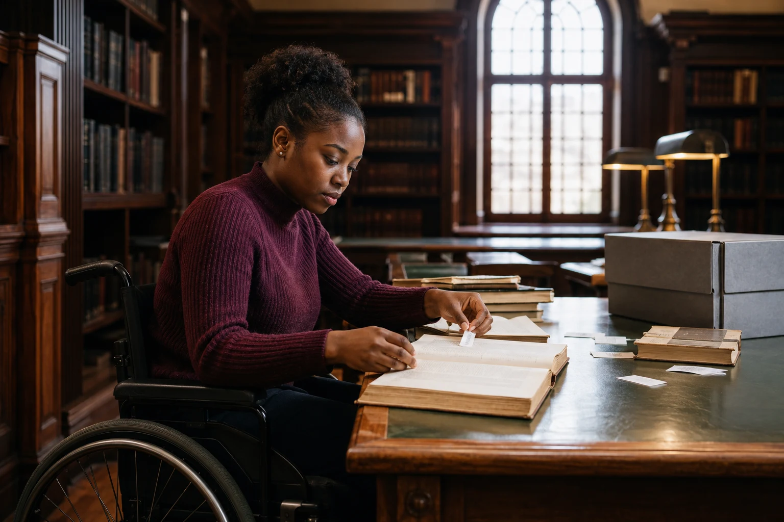 University student in a wheelchair comparing source books in a historic archive reading room