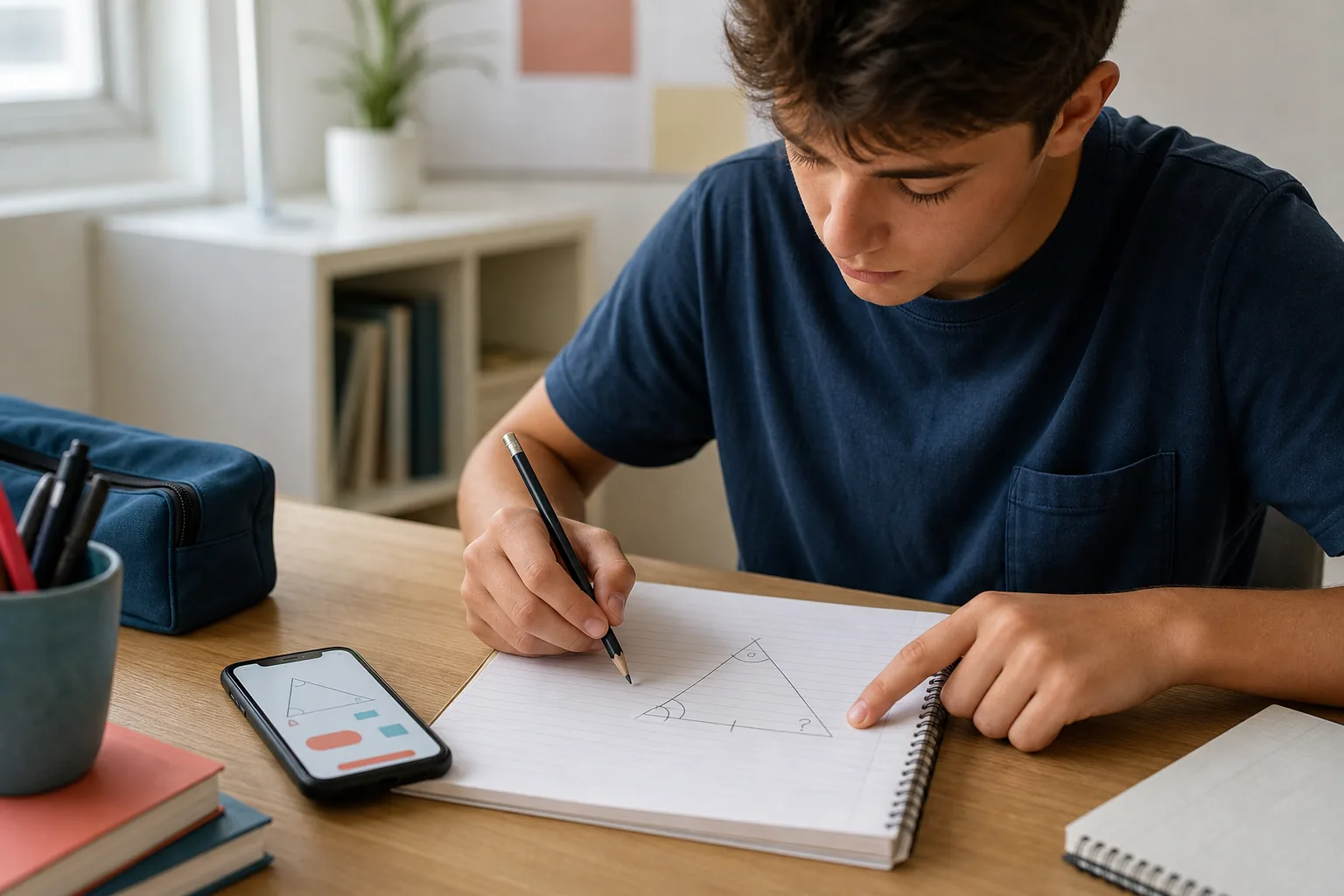 Student finding a missing angle in geometry homework beside a study app