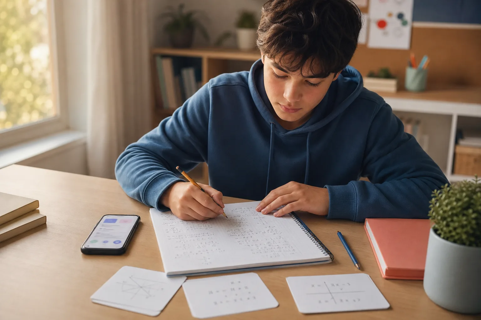 Élève résolvant pas à pas des équations du premier degré avec un cahier et une app d'étude