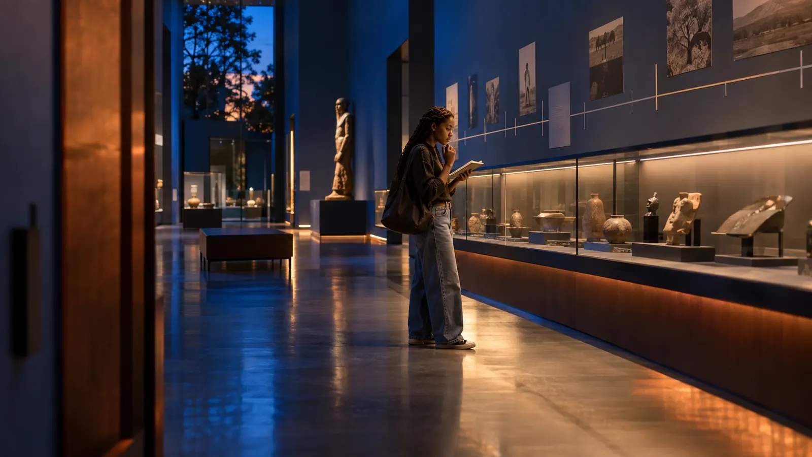 Young history student comparing an unlabelled sequence of displays in a university museum gallery