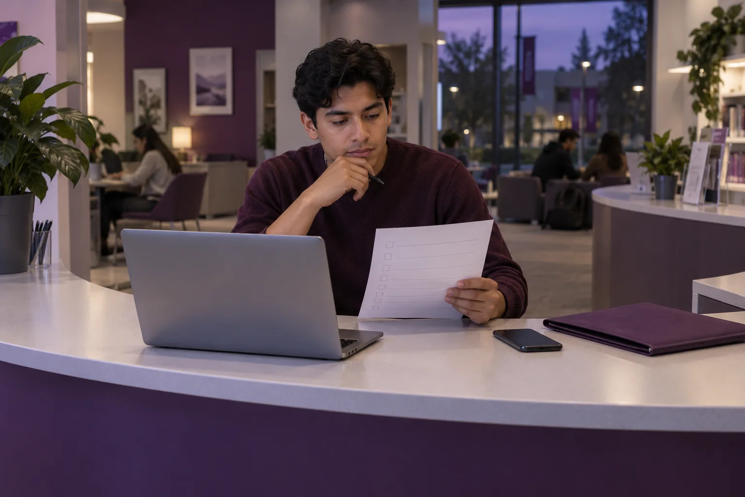 Student reviewing a paper checklist at a campus digital-support counter