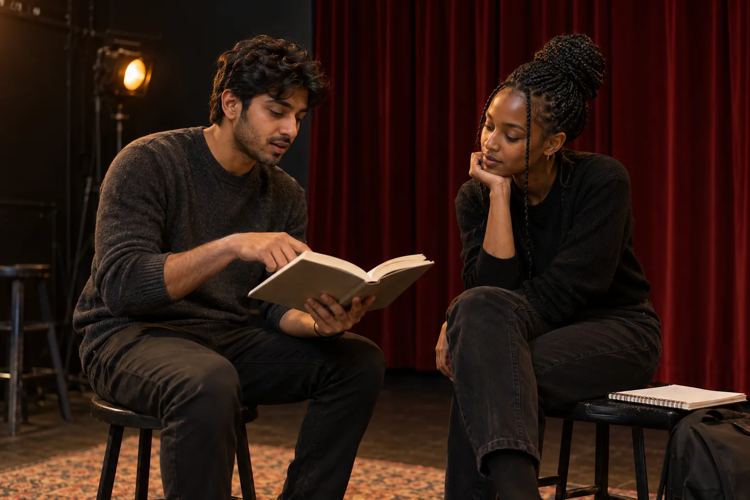 Due studenti discutono un libro aperto in una piccola sala prove