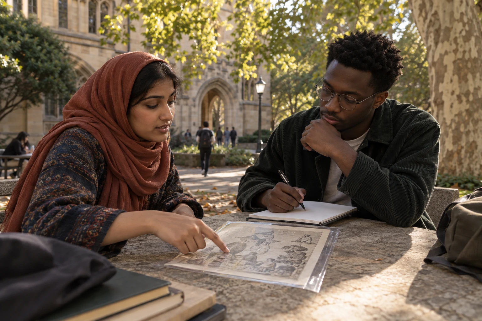 Two university students discussing an archival cartoon print in an outdoor campus courtyard