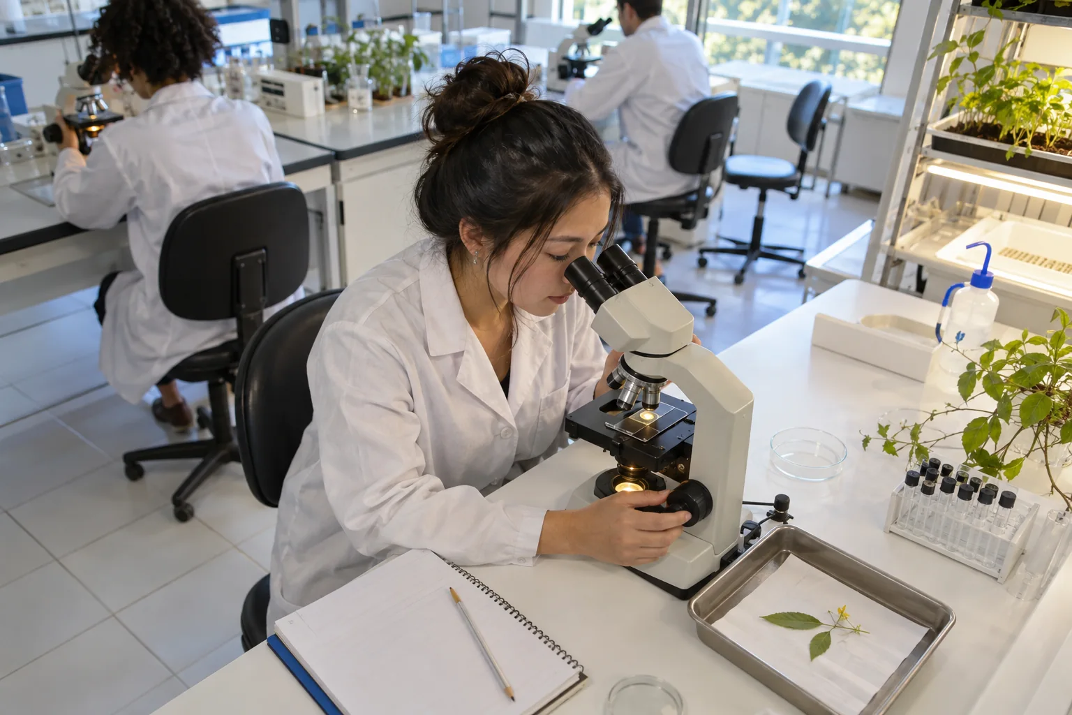 Estudante observando uma amostra ao microscópio em um laboratório universitário iluminado