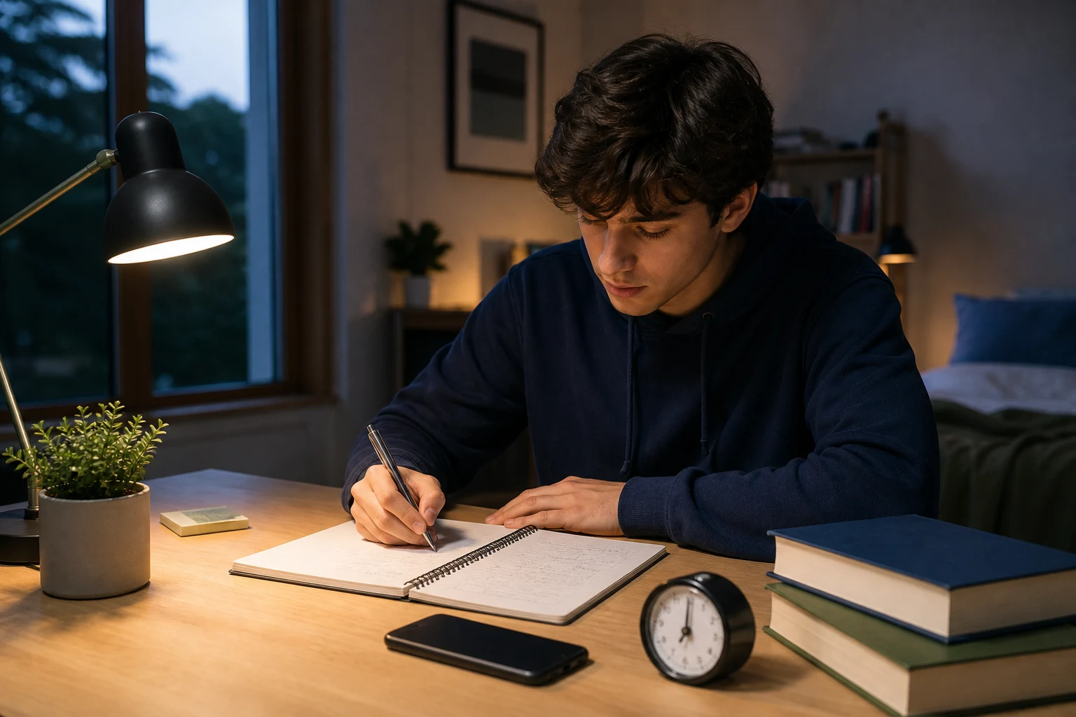 Student calmly planning one manageable homework task at an evening desk