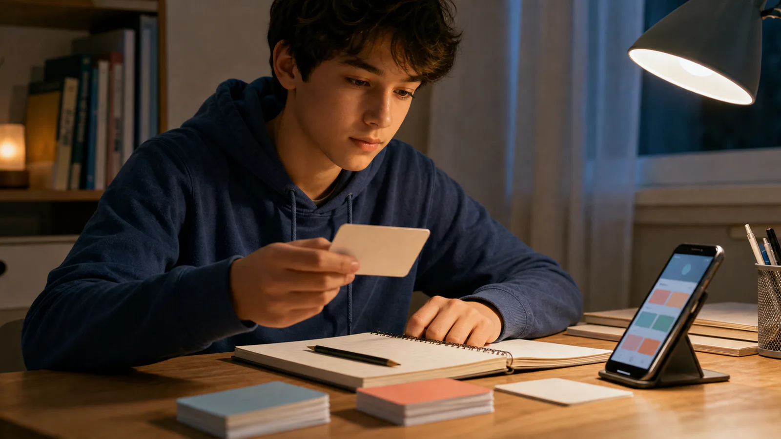 Studente richiama una parola da una flashcard accanto a un quaderno e a un'app di studio