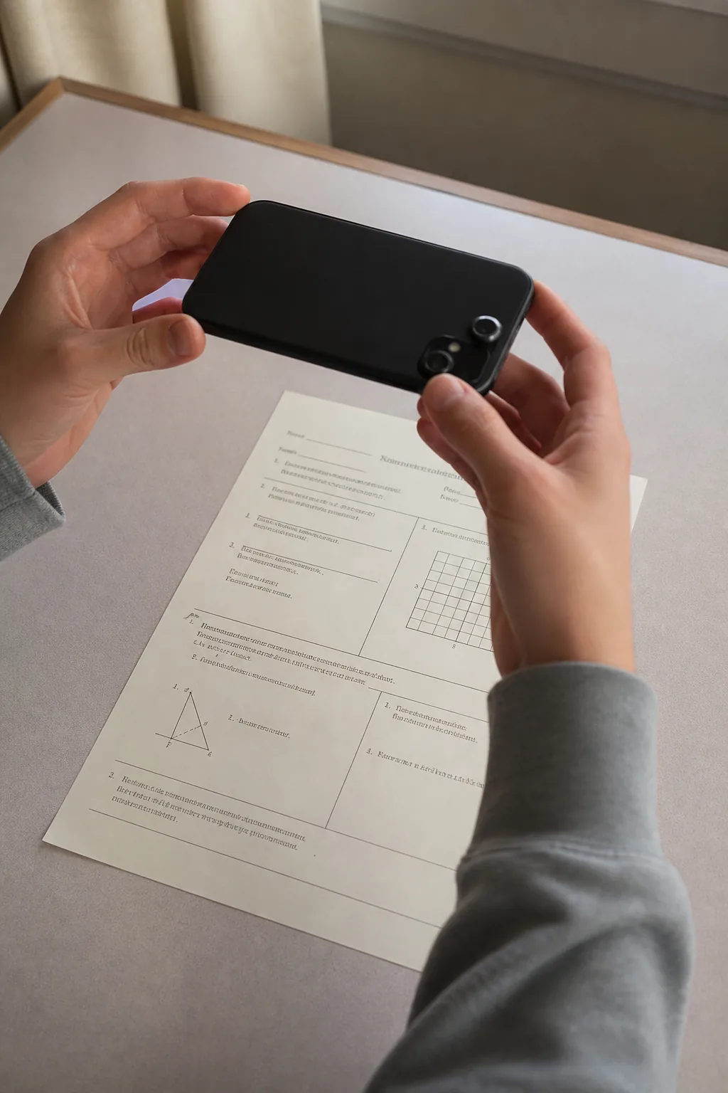 Fotocamera del telefono che scansiona un foglio compiti